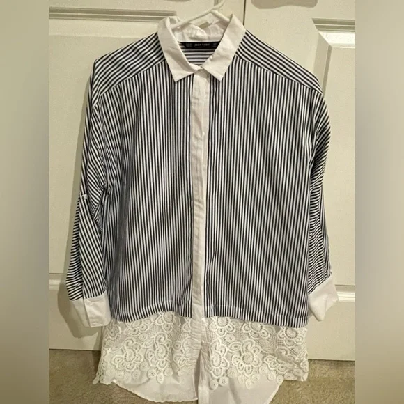 Zara Striped Contrasting Lace Shirt Dress Top - Picture 2 of 5